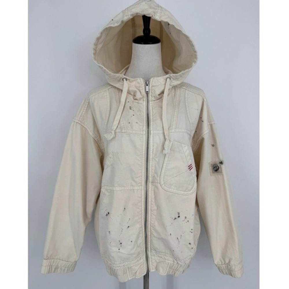 BDG Hooded Jacket Size Medium Cream Paint Splatter Workwear Grunge Casual Street